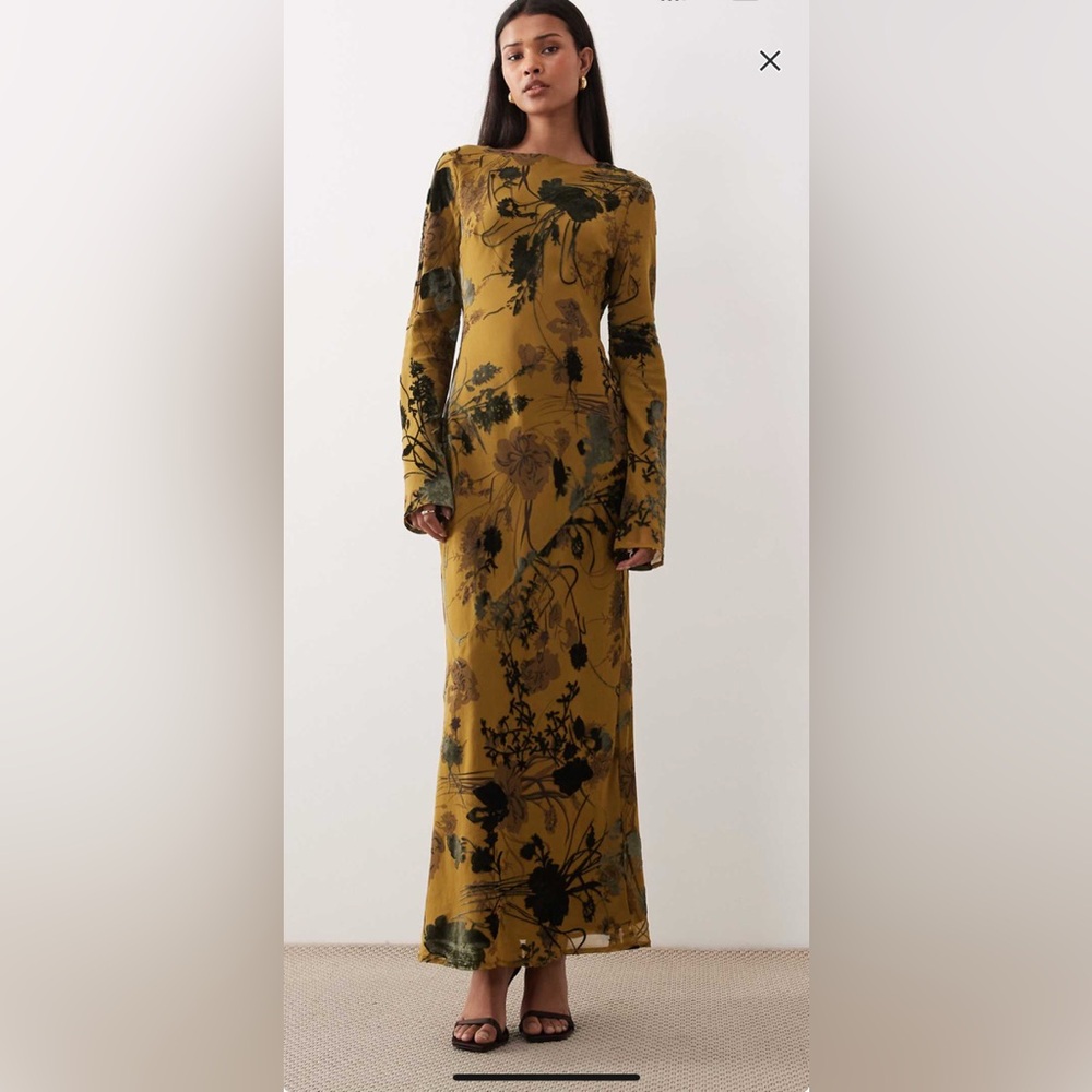 ASOS Mustard Floral Long Sleeve Maxi Dress